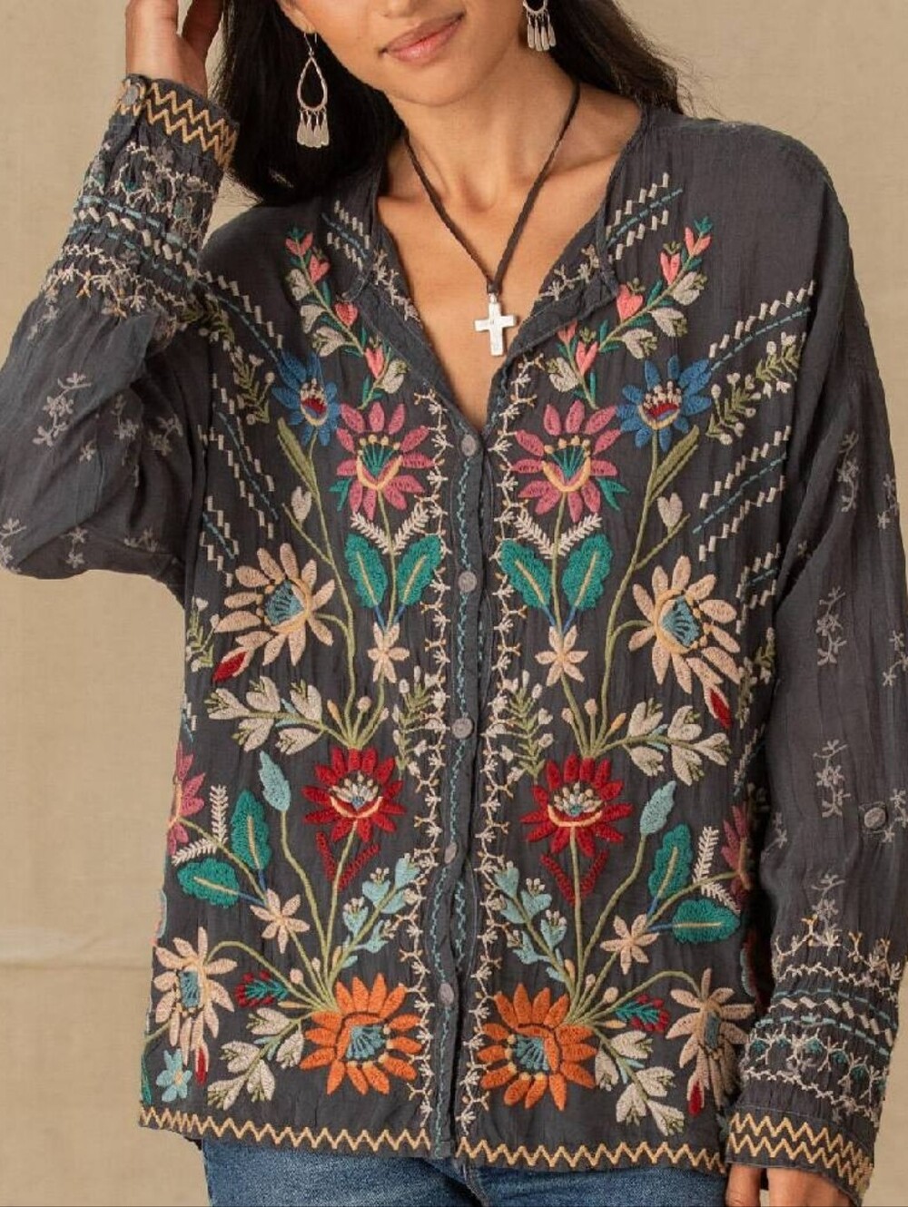 Johnny Was Embroidered Floral Button-Front Long Sleeve Tunic, NWT Size Medium